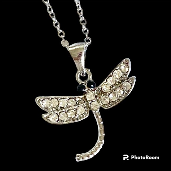 Dragonfly Necklace Crystal Silver Plated Pendant Insect Bug Sparkly 16-18" Chain - Picture 4 of 10